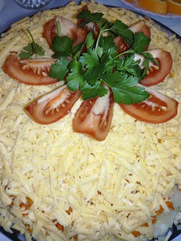 Chicken cheese salad with mushrooms