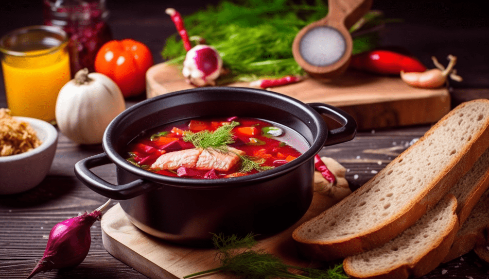 Beetroot soup with fish and mushrooms