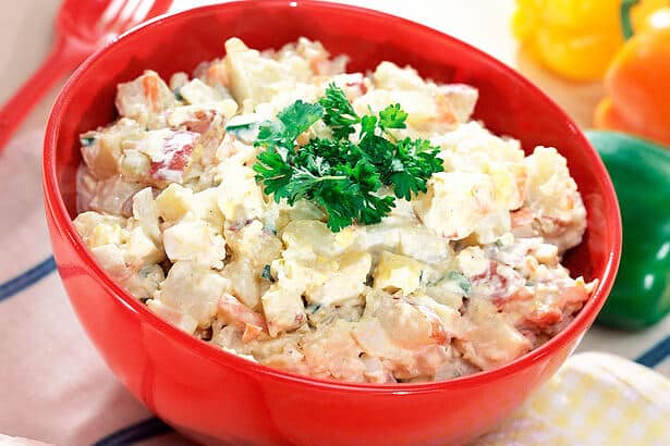 Beef and potato salad with green peas