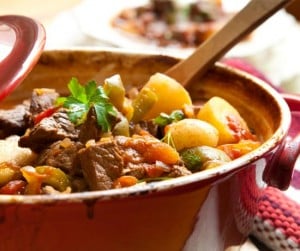 Stewed beef and potatoes with tomato sauce