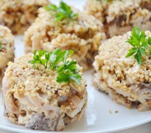 Calamari, mushroom, and walnut salad
