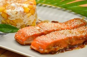 Salmon marinated in honey, mustard, and soy sauce