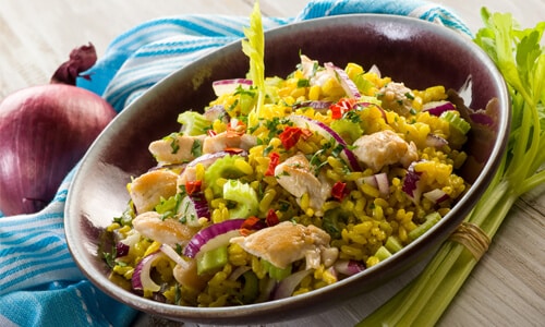 Rice, chicken and vegetable salad