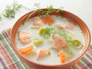 Creamy potato soup with salmon