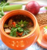 Stewed pork and buckwheat in pots