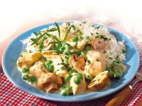 Juicy chicken breasts with mushrooms and green peas