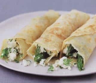 Pancakes with asparagus, cheese and ham