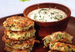 Potato flapjacks with ham, cheese, and dill