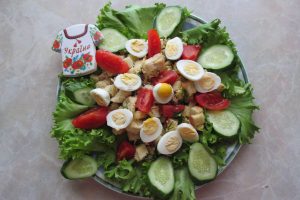 Chicken, tomato, cucumber, and egg salad