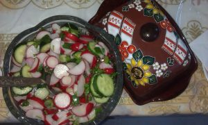 Radish, cucumber, spring onion, and parsley salad