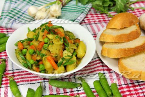 Potato, green pea, carrot, and vegetable marrow stew