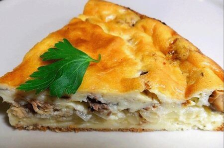 Mackerel pie with rice, onion, dill, and parsley