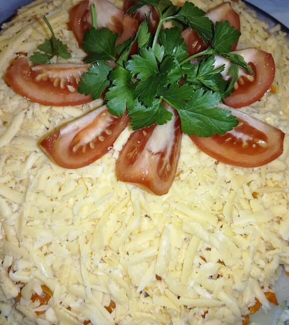Chicken cheese salad with mushrooms